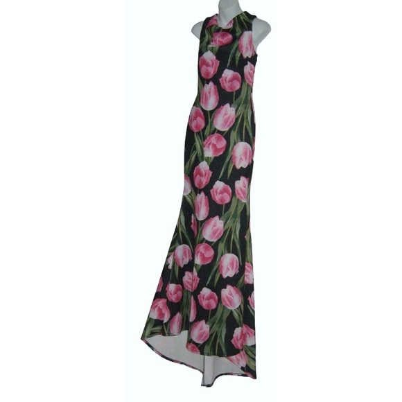 Va Va Voom Dress Long Tulip Flower Floral Cottagecore Long Black Pink Romantic M - Picture 4 of 16